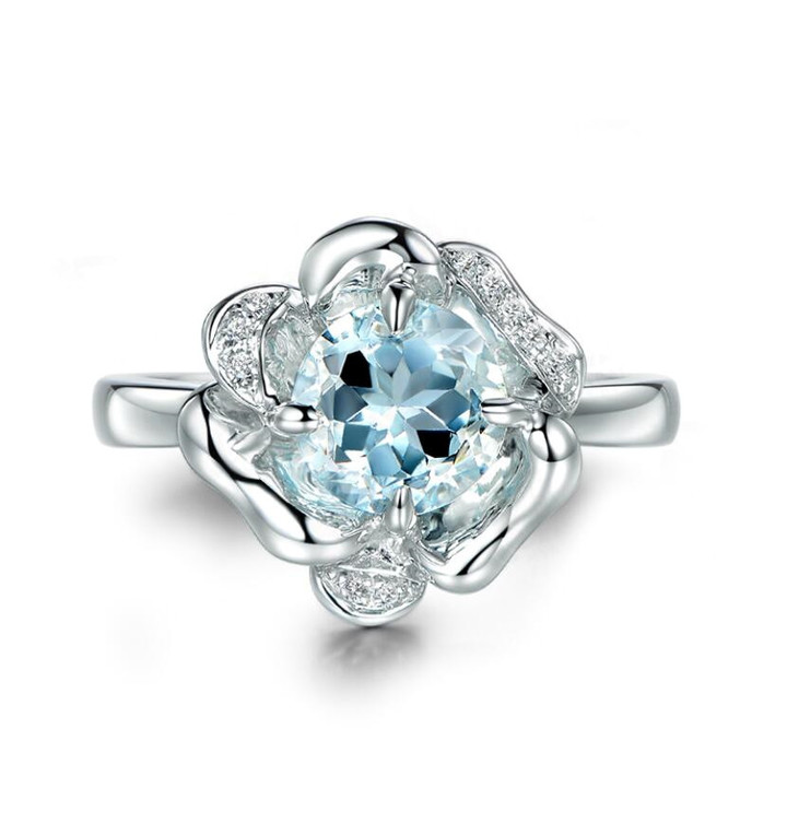Personalised 925 sterling silver jewellery flower top blue topaz diamond finger ring